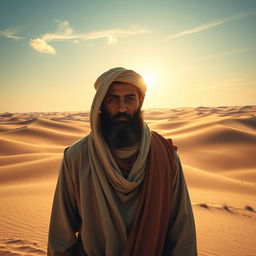 A landscape depicting Wahshi ibn Harb standing in a vast desert environment