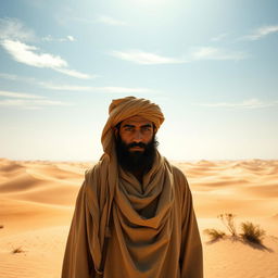 A landscape depicting Wahshi ibn Harb standing in a vast desert environment