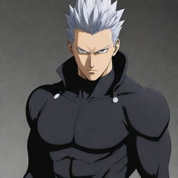 Garou, the hero hunter from One Punch Man, in his distinguishing grey and black outfit, with his silver hair and intimidating expression.