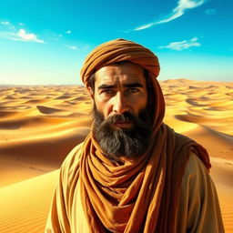 A landscape depicting Wahshi ibn Harb standing in a vast desert environment