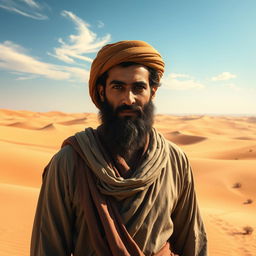 A landscape depicting Wahshi ibn Harb standing in a vast desert environment