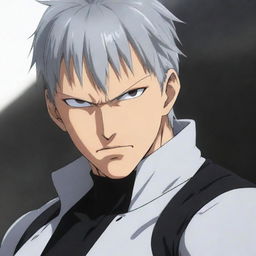 Garou, the hero hunter from One Punch Man, in his distinguishing grey and black outfit, with his silver hair and intimidating expression.