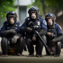 A team of tactically trained chimps in police gear working alongside police dogs to apprehend criminals