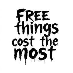 A monochrome lettering design for the phrase "free things cost the most" with a depressive theme