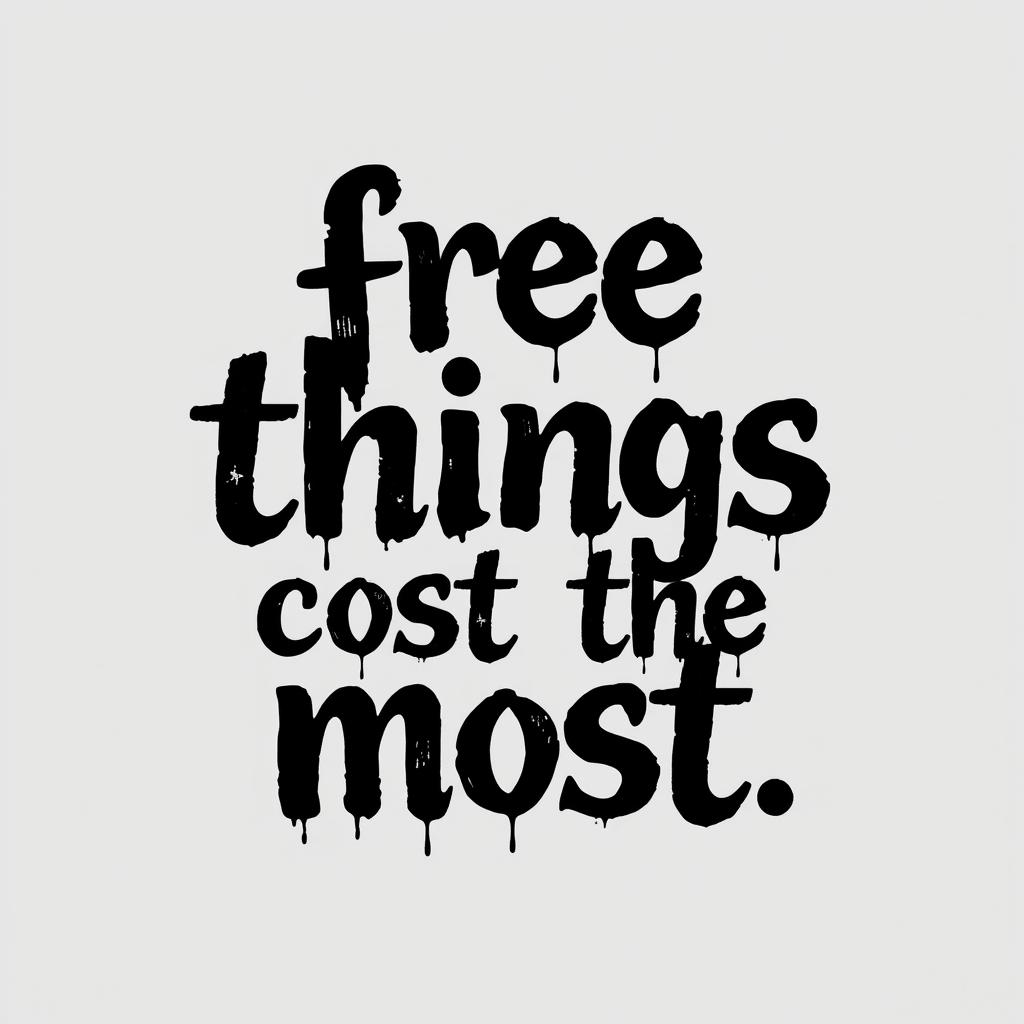 A monochrome lettering design for the phrase "free things cost the most" with a depressive theme