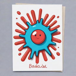 Design a cute, cartoon-style 'Bacillary Burst' card in an oblong shape, symbolizing a rod-shaped bacilli cell. Depict the cell releasing a powerful, energetic burst, signifying the sacrifice of a card and the destruction of an opponent's card.