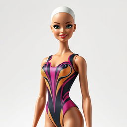 A realistic depiction of a bald Barbie doll wearing a sleek bodysuit, confidently posed against a simple white background