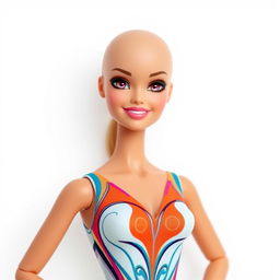 A realistic depiction of a bald Barbie doll wearing a sleek bodysuit, confidently posed against a simple white background