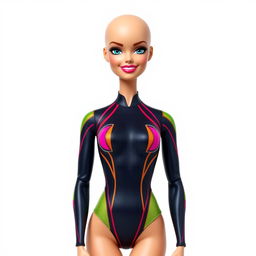 A realistic depiction of a bald Barbie doll wearing a sleek bodysuit, confidently posed against a simple white background