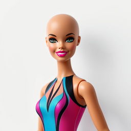 A realistic depiction of a bald Barbie doll wearing a sleek bodysuit, confidently posed against a simple white background