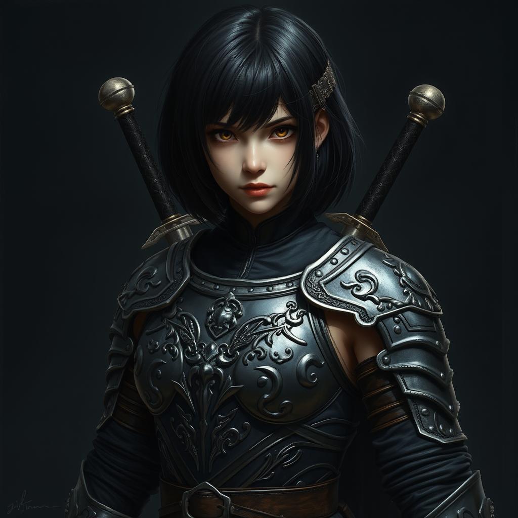 A realistic depiction of a powerful girl clad in intricately detailed armor, with a sword securely tucked on her back