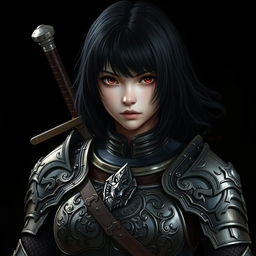 A realistic depiction of a powerful girl clad in intricately detailed armor, with a sword securely tucked on her back