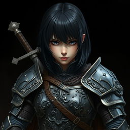 A realistic depiction of a powerful girl clad in intricately detailed armor, with a sword securely tucked on her back