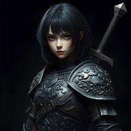 A realistic depiction of a powerful girl clad in intricately detailed armor, with a sword securely tucked on her back