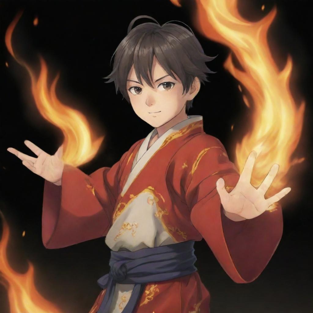 A young boy anime character in Japanese anime style, dressed in traditional attire, passionately performing a fire technique. Flames are swirling from his outstretched hands.