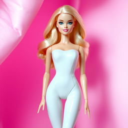 A stylish Barbie doll dressed entirely in a sleek, form-fitting white bodysuit