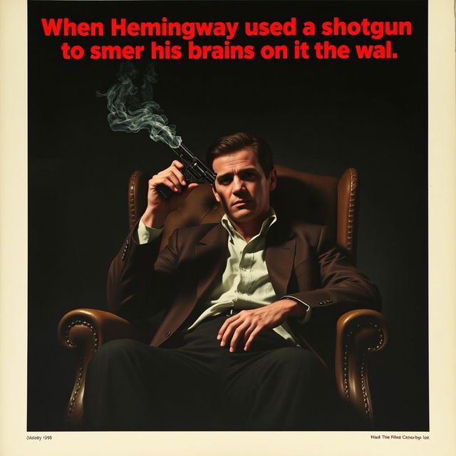 A dramatic and haunting poster featuring a man sitting in a chair, holding a smoking revolver pressed to his head