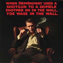 A dramatic and haunting poster featuring a man sitting in a chair, holding a smoking revolver pressed to his head