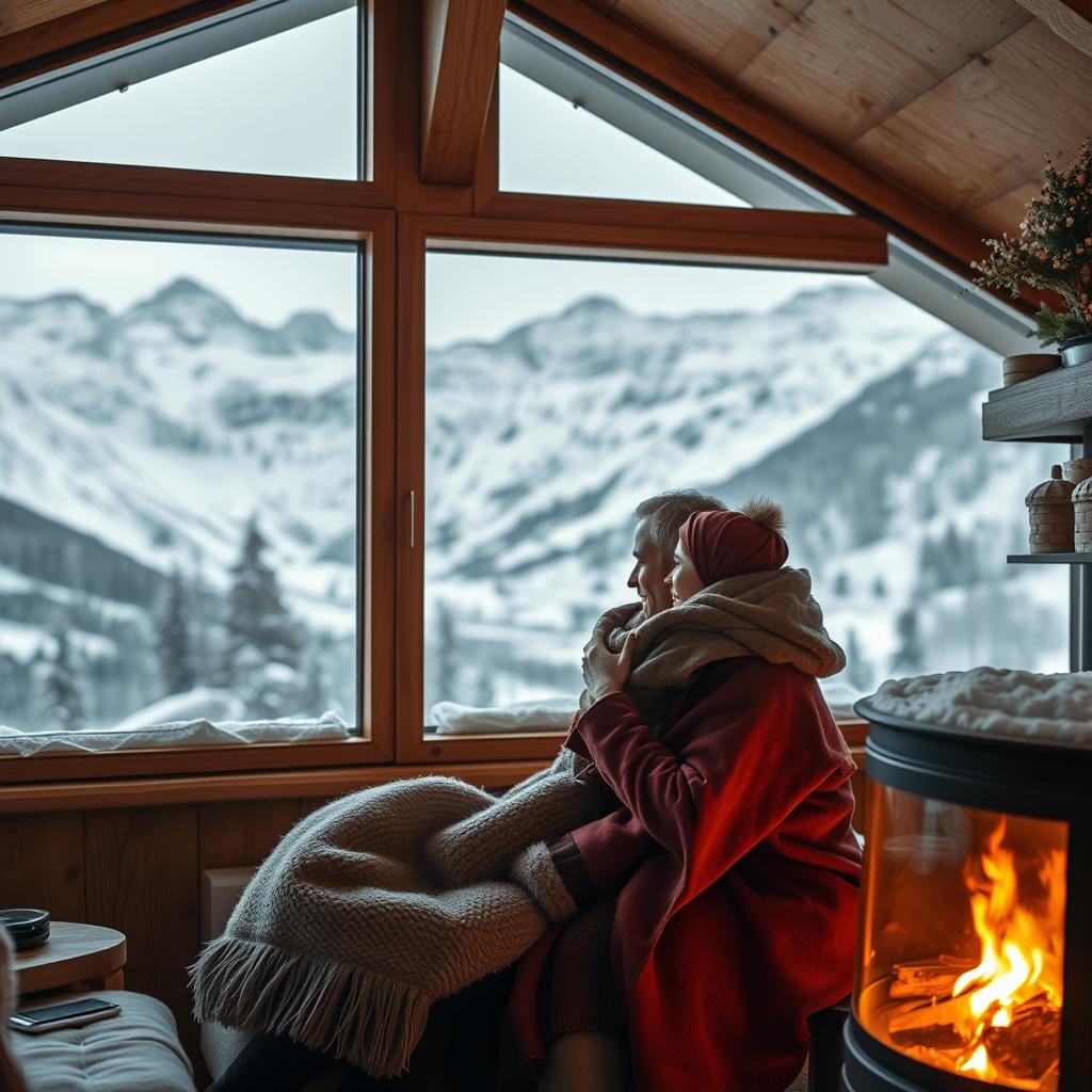 A romantic couple nestled together in a cozy cabin in the Swiss mountains during winter