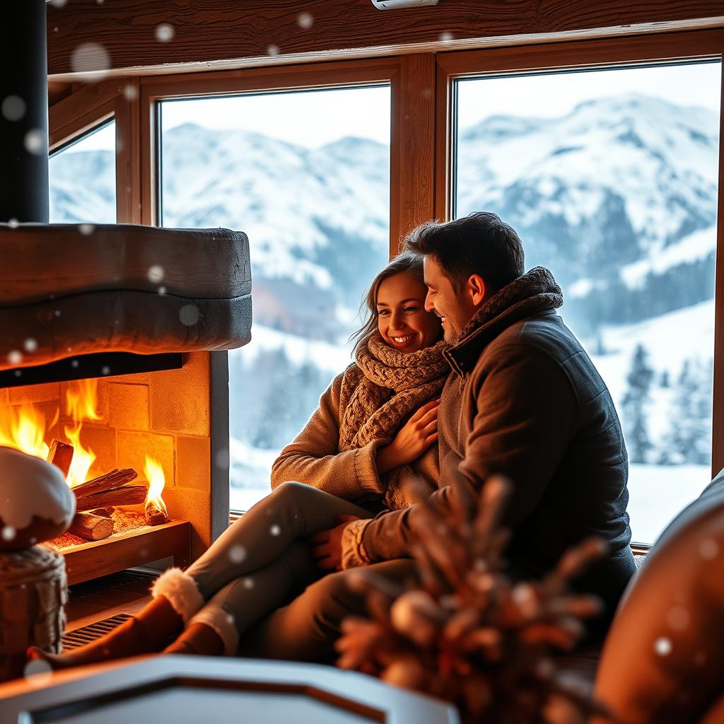 A romantic couple nestled together in a cozy cabin in the Swiss mountains during winter