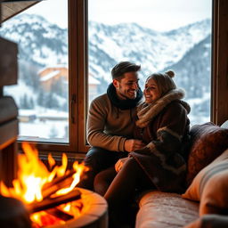 A romantic couple nestled together in a cozy cabin in the Swiss mountains during winter