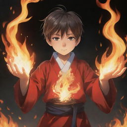 A young boy anime character in Japanese anime style, dressed in traditional attire, passionately performing a fire technique. Flames are swirling from his outstretched hands.