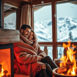 A romantic couple nestled together in a cozy cabin in the Swiss mountains during winter