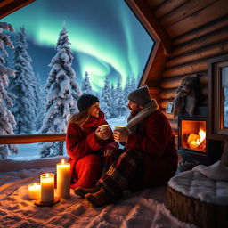 A romantic couple snuggled together in a charming wooden cabin in the snow-kissed landscape of Lapland during winter