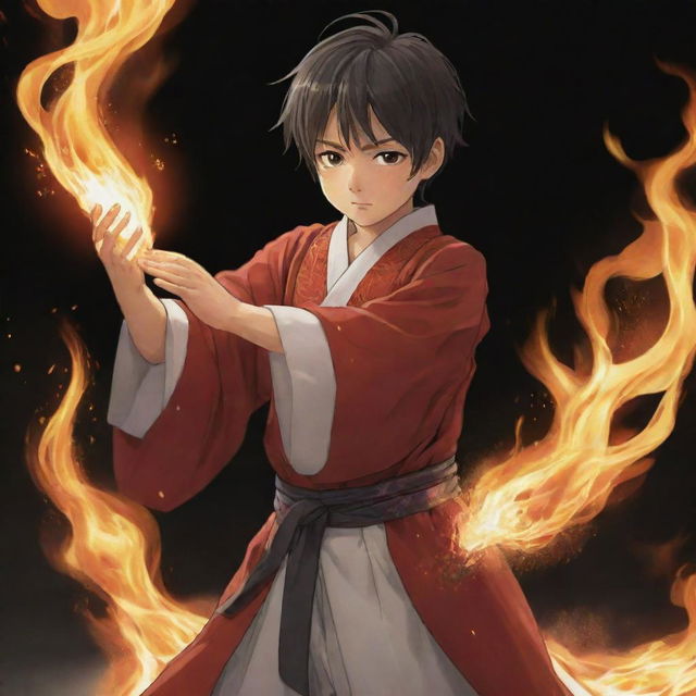 A young boy anime character in Japanese anime style, dressed in traditional attire, passionately performing a fire technique. Flames are swirling from his outstretched hands.