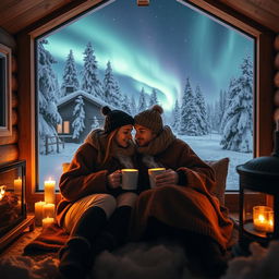 A romantic couple snuggled together in a charming wooden cabin in the snow-kissed landscape of Lapland during winter