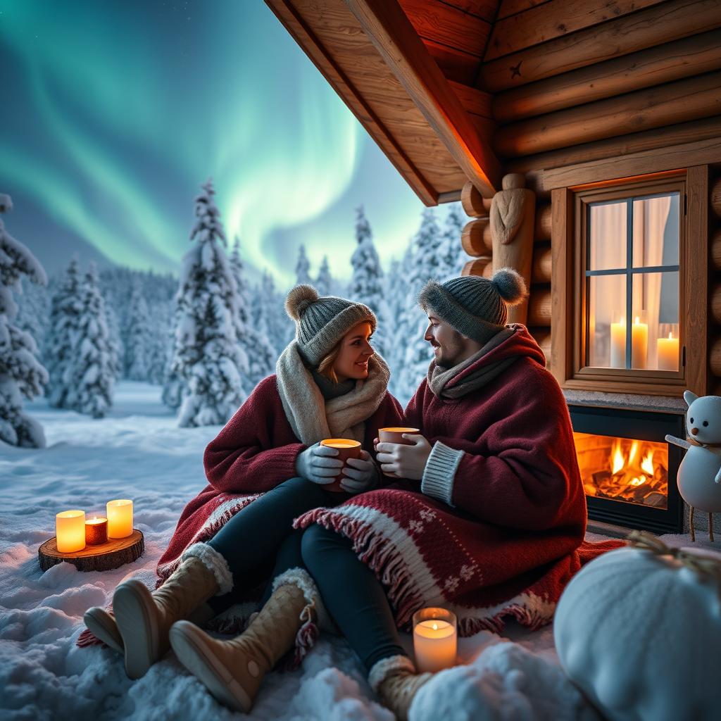 A romantic couple snuggled together in a charming wooden cabin in the snow-kissed landscape of Lapland during winter