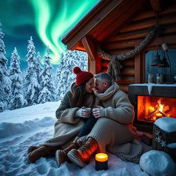 A romantic couple snuggled together in a charming wooden cabin in the snow-kissed landscape of Lapland during winter