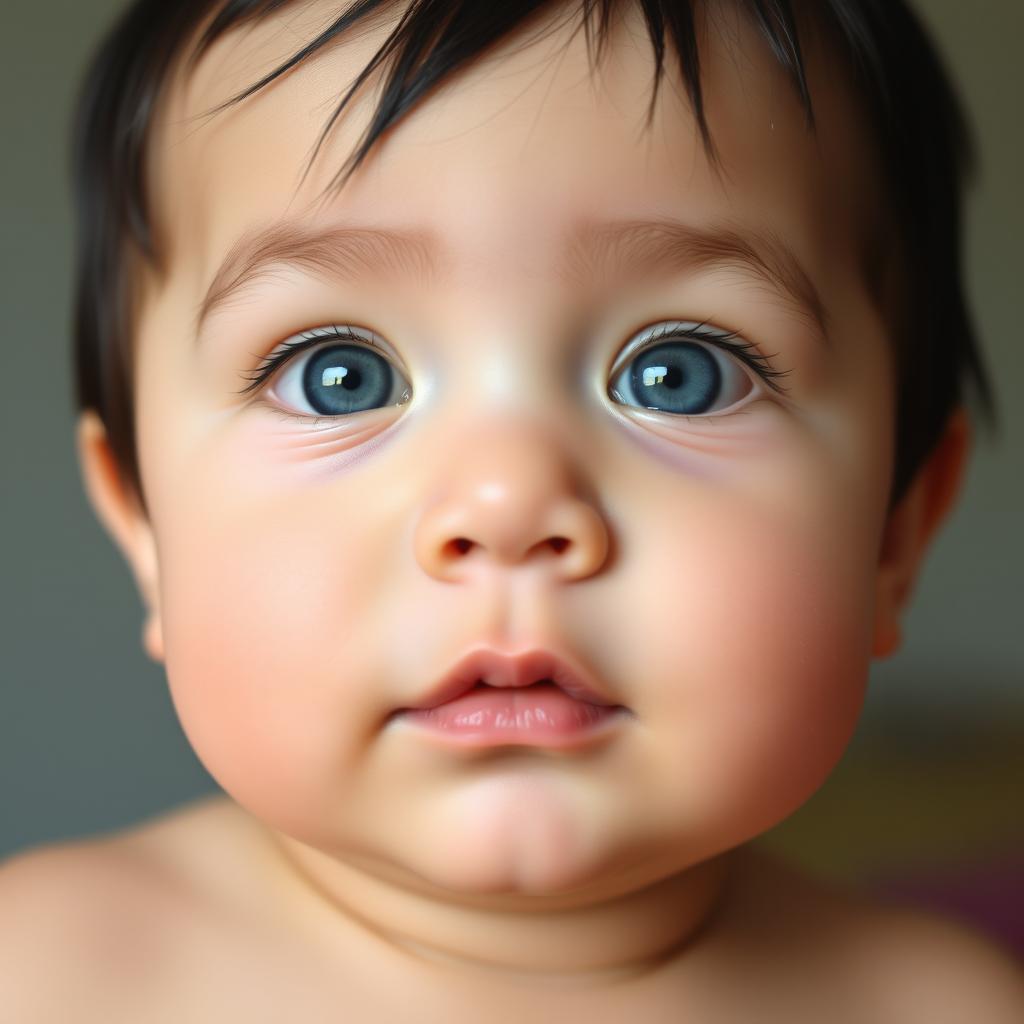 A one-year-old baby with clear skin, straight black hair, and bright blue eyes reminiscent of her father's