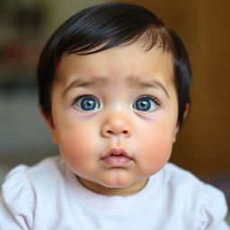 A one-year-old baby with clear skin, straight black hair, and bright blue eyes reminiscent of her father's