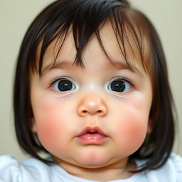 A one-year-old baby with clear skin, straight black hair, and bright blue eyes reminiscent of her father's