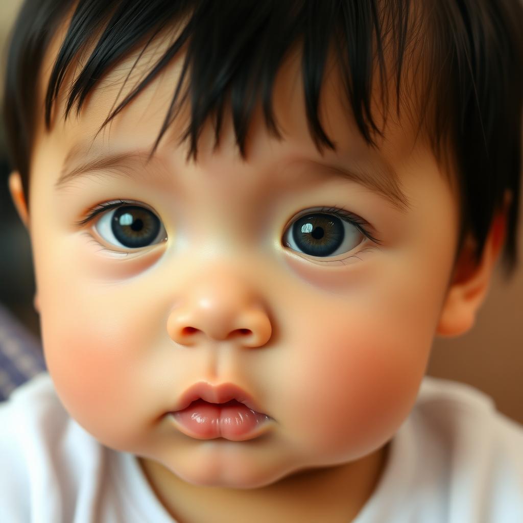 A one-year-old baby with clear skin, straight black hair, and bright blue eyes reminiscent of her father's