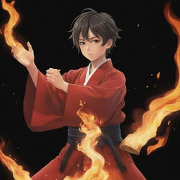 A young boy anime character in Japanese anime style, dressed in traditional attire, passionately performing a fire technique. Flames are swirling from his outstretched hands.