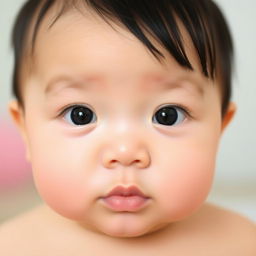 A one-year-old Asian baby with clear skin, straight black hair, and bright blue eyes