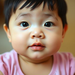 A one-year-old Asian baby with clear skin, straight black hair, and bright blue eyes