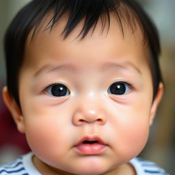 A one-year-old Asian baby with clear skin, straight black hair, and bright blue eyes