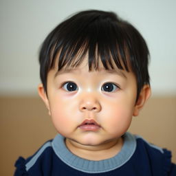 A one-year-old Asian baby with clear skin, straight black hair, and bright blue eyes