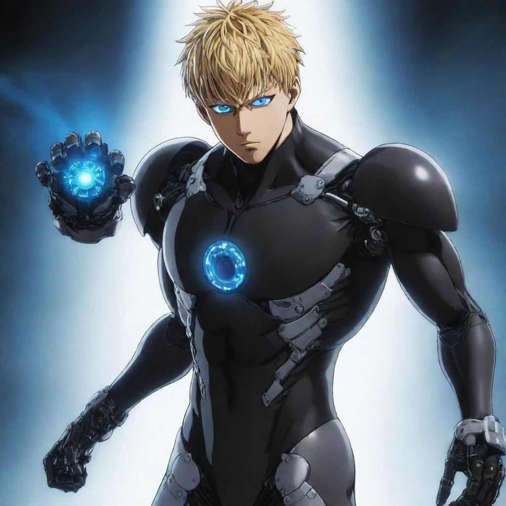 Genos from One Punch Man, with his mechanical, cybernetic arms and glowing blue eyes, ready for action.