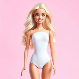 A full-body image of a fashionable Barbie doll dressed exclusively in a chic, form-fitting white bodysuit