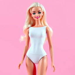 A full-body image of a fashionable Barbie doll dressed exclusively in a chic, form-fitting white bodysuit