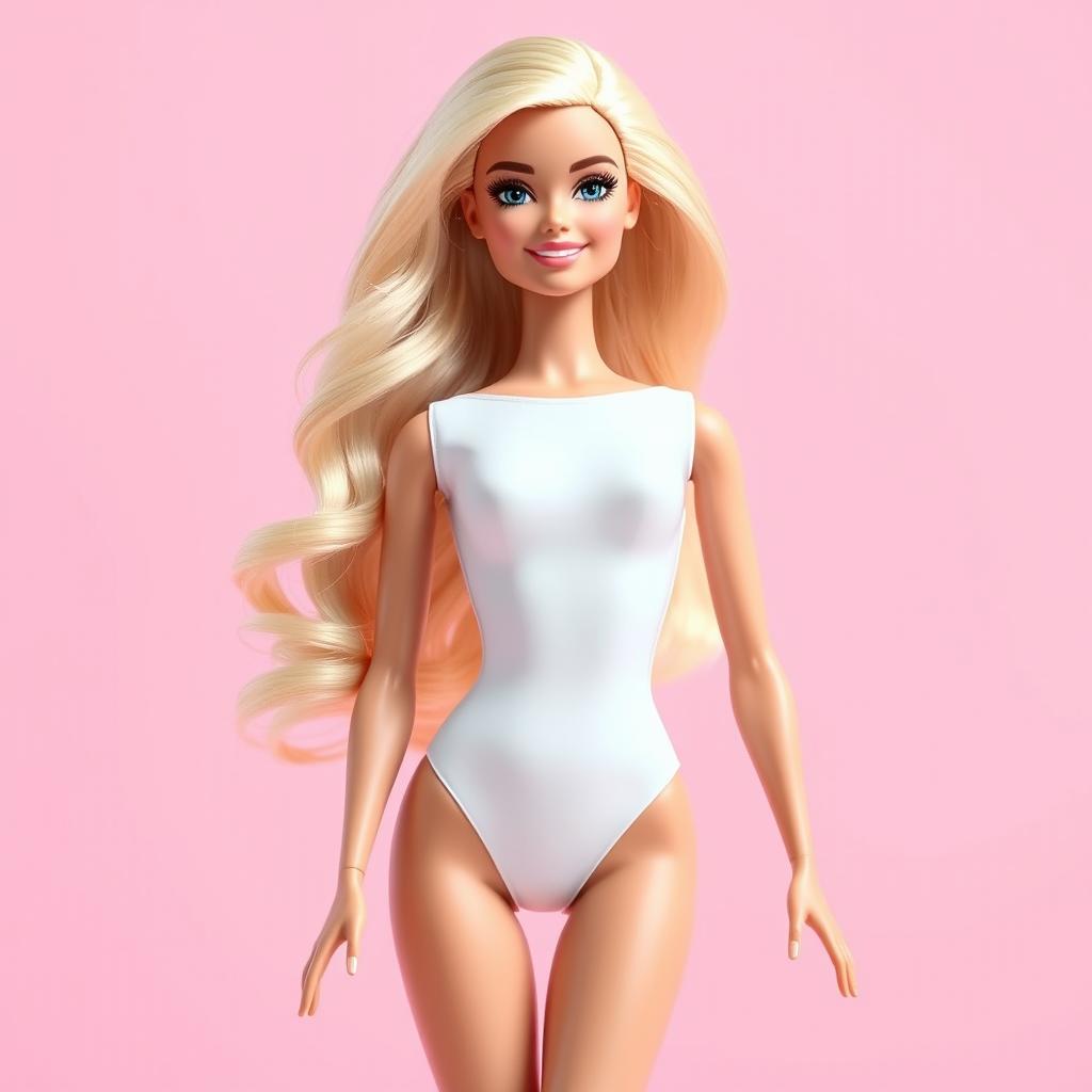 A full-body image of a fashionable Barbie doll dressed exclusively in a chic, form-fitting white bodysuit