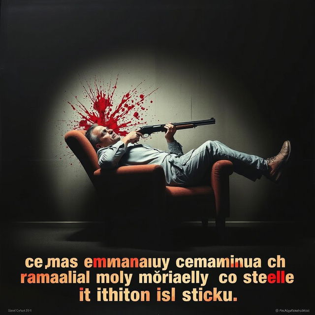 A chilling poster featuring a man slumped in a chair, having committed suicide with a shotgun, showcasing a haunting scene