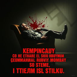 A chilling poster featuring a man slumped in a chair, having committed suicide with a shotgun, showcasing a haunting scene