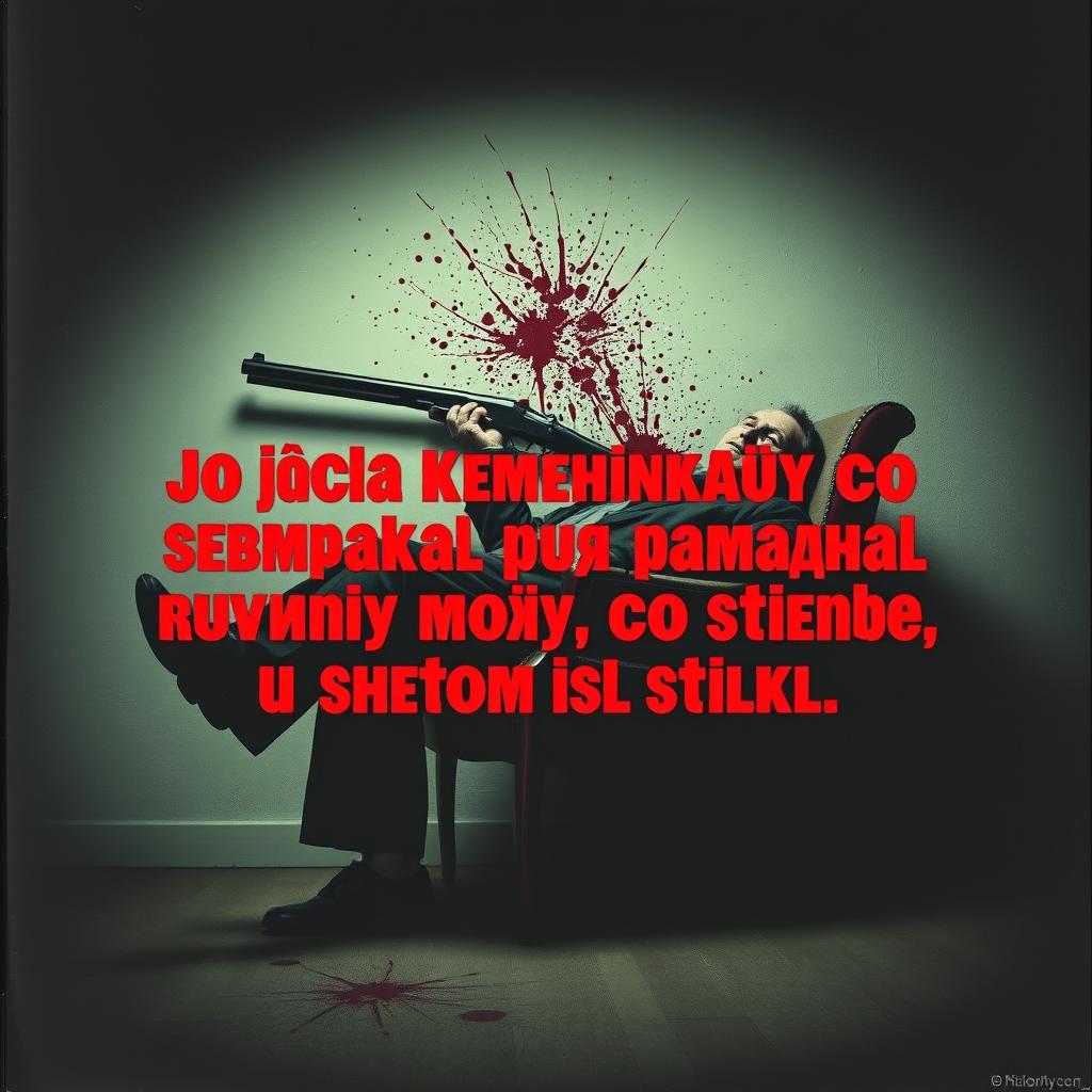 A chilling poster featuring a man slumped in a chair, having committed suicide with a shotgun, showcasing a haunting scene