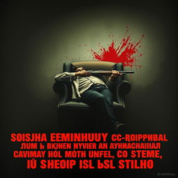 A chilling poster featuring a man slumped in a chair, having committed suicide with a shotgun, showcasing a haunting scene