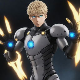 Genos from One Punch Man, with his mechanical, cybernetic arms and glowing blue eyes, ready for action.